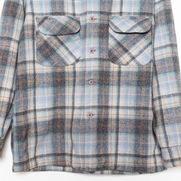 SOLD - Pendleton Vintage Wool Board Shirt - Blue Gray Tan - Size S/M - Picture 7 of 11
